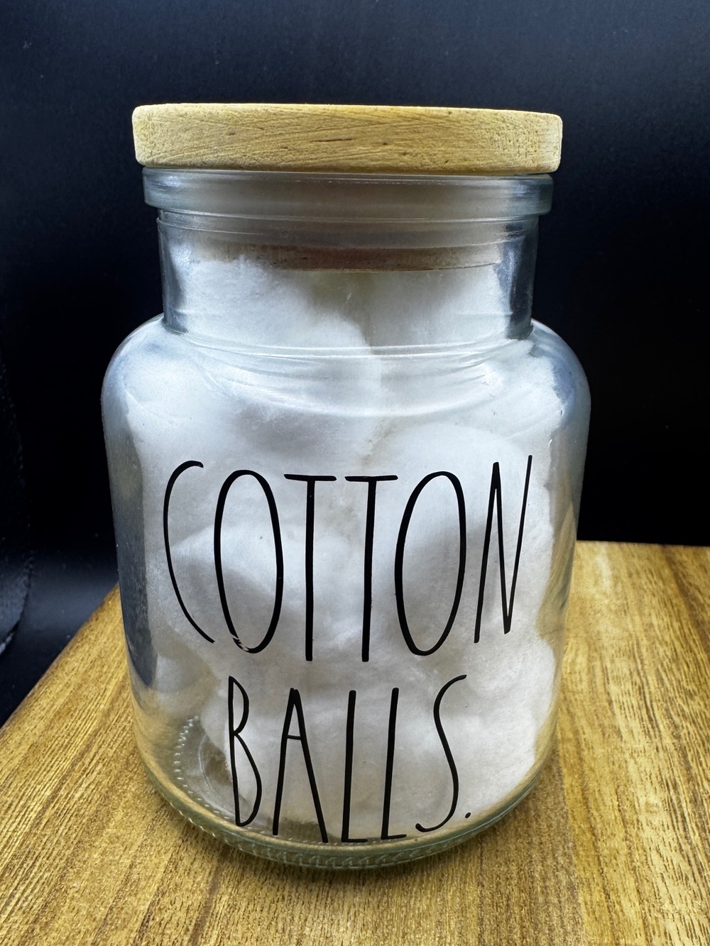 Rae Dunn Clear Glass Cotton Balls Jar with Natural Wood Lid